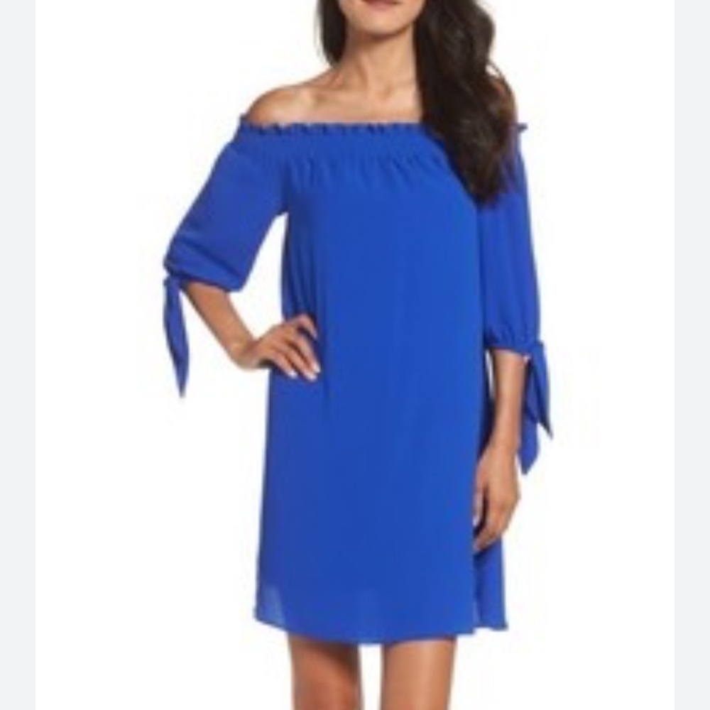 VINCE CAMUTO Off The Shoulder Scuba Bardot Float Dress Royal Cobalt Blue Sz.8